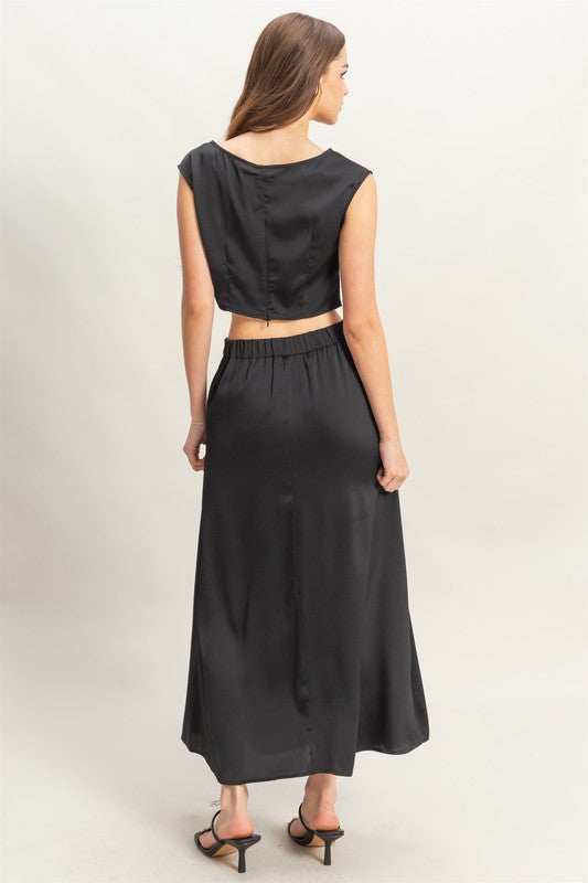 HYFVE champagne maxi skirt with matching sleeveless top set, flowing fabric, and stylish design for a chic, elegant look.