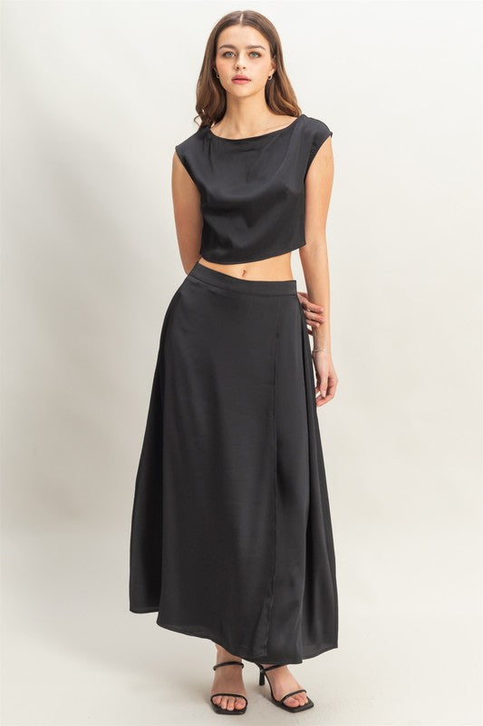 HYFVE champagne maxi skirt with matching sleeveless top set, flowy fabric and stylish design for a chic look.