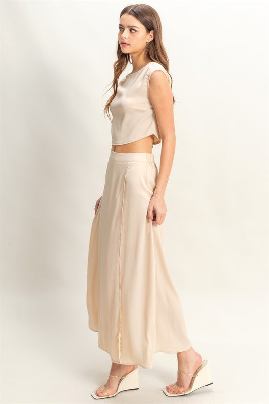 HYFVE maxi skirt with sleeveless top set in champagne color, stylish and flowy for casual or dressy occasions