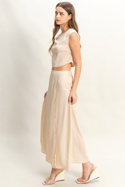 HYFVE maxi skirt with sleeveless top set in champagne color, stylish and flowy for casual or dressy occasions