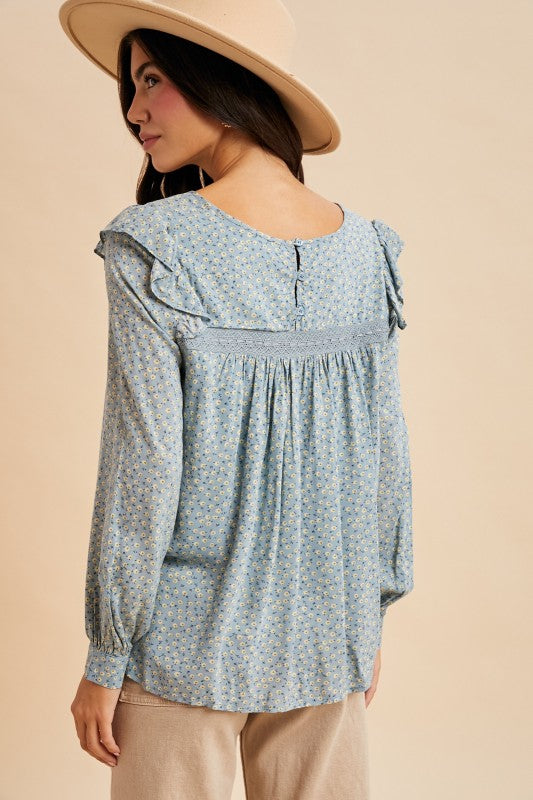 Chambray ruffle shoulder V-neck long sleeve blouse back view