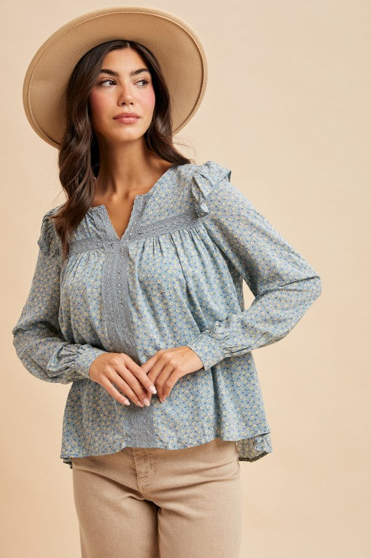 Chambray ruffle shoulder V-neck long sleeve blouse detail view