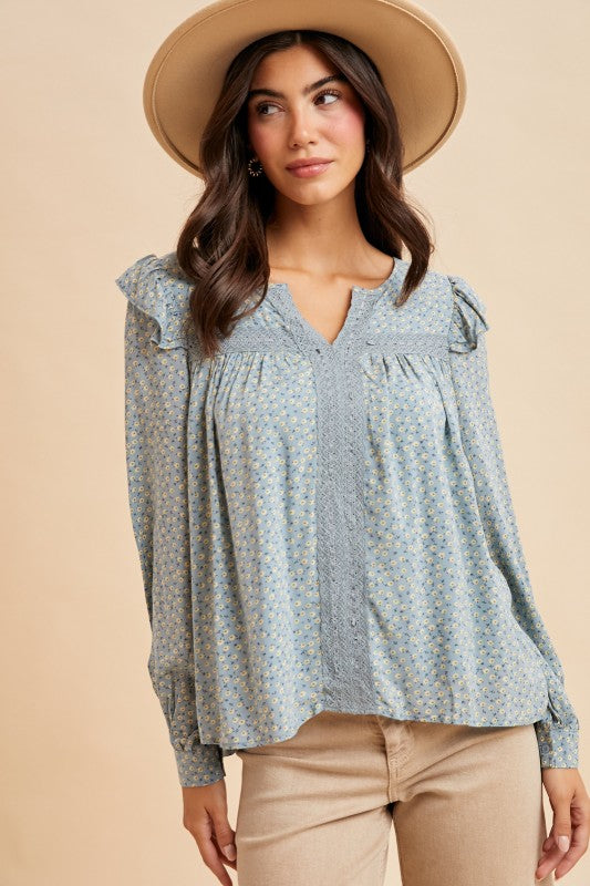 Chambray ruffle shoulder V-neck long sleeve blouse front view
