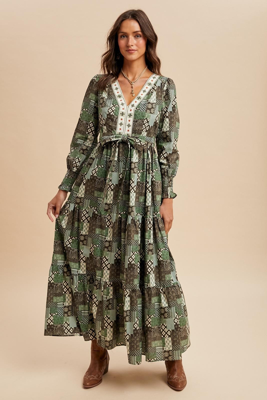 Olive multi cotton patchwork embroidered maxi dress angled front view