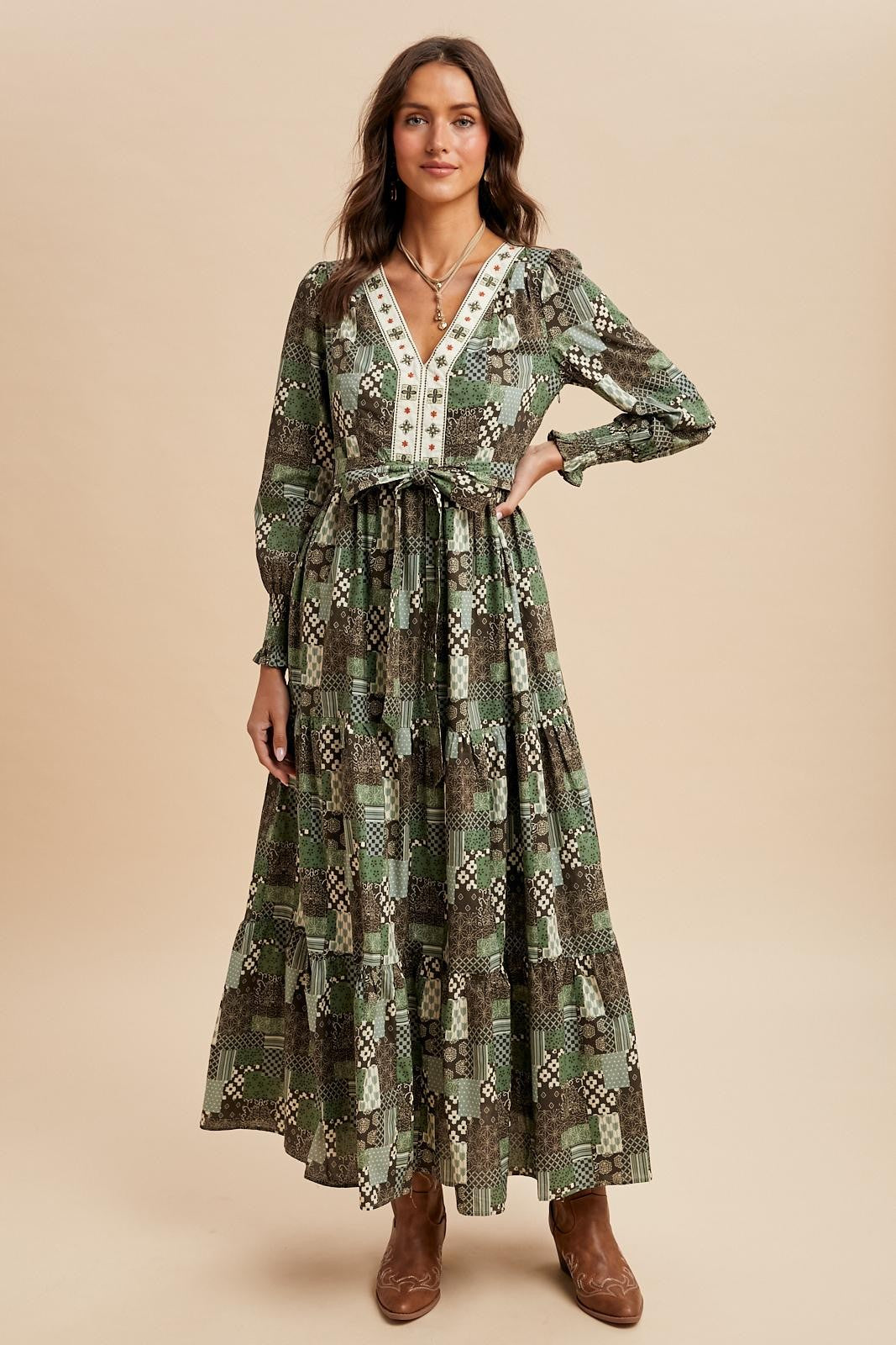 Olive multi cotton patchwork embroidered maxi dress front view