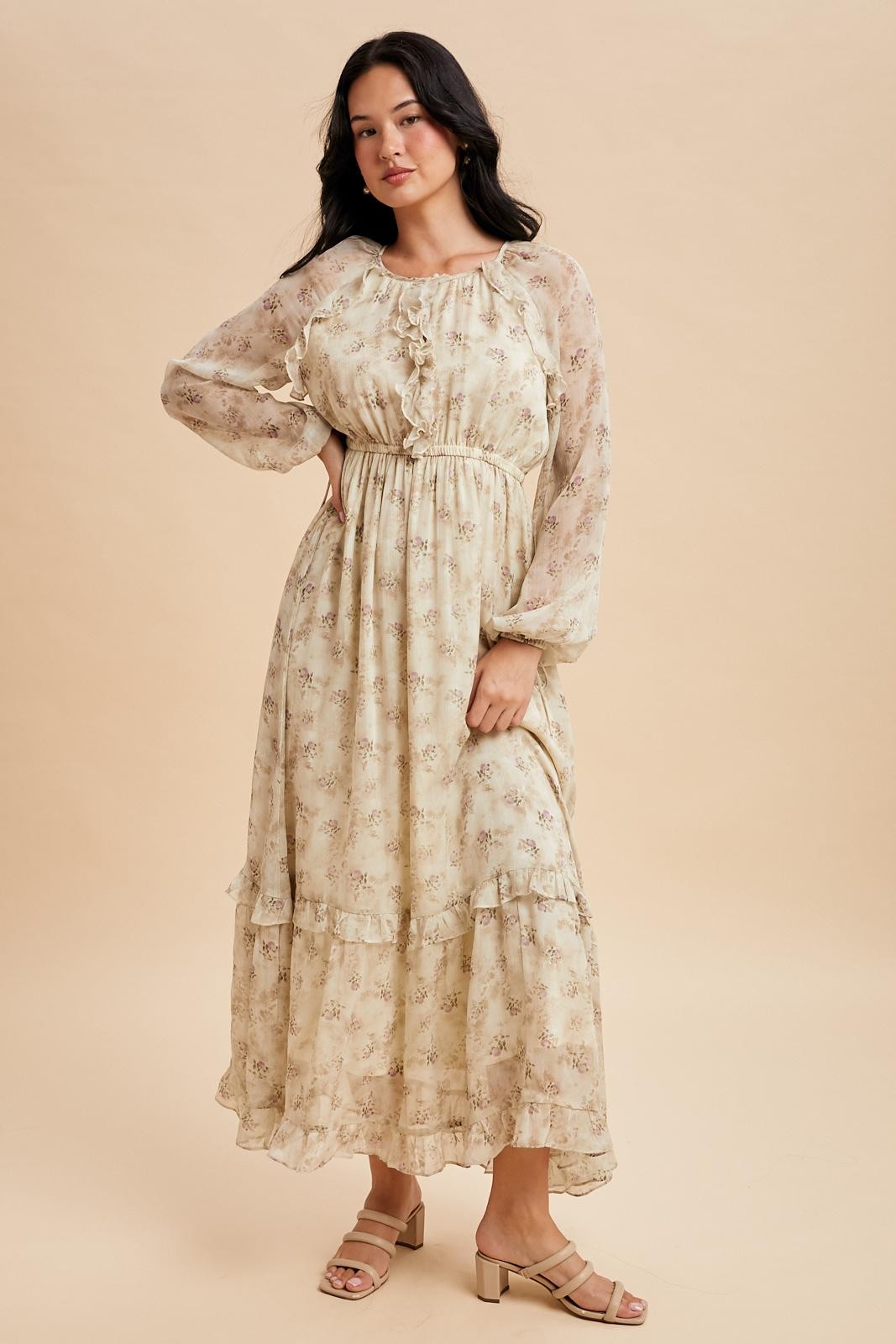 Vintage cream floral ruffled maxi dress angled view