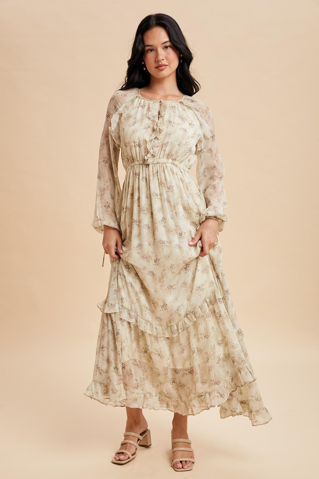Vintage cream floral ruffled maxi dress detail view
