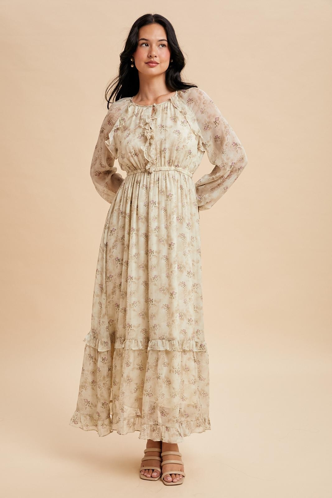 Vintage cream floral ruffled maxi dress front view