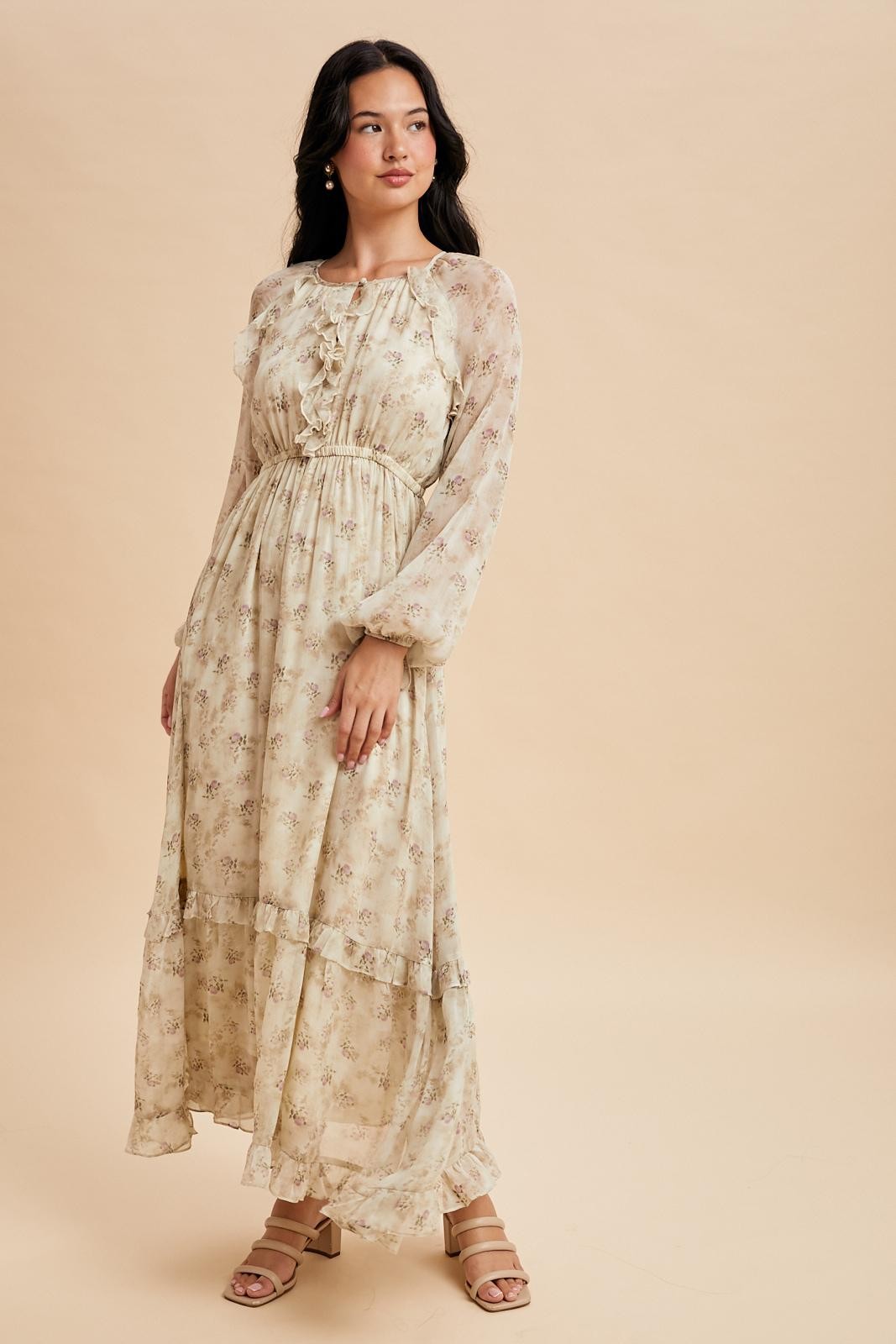 Vintage cream floral ruffled maxi dress side view