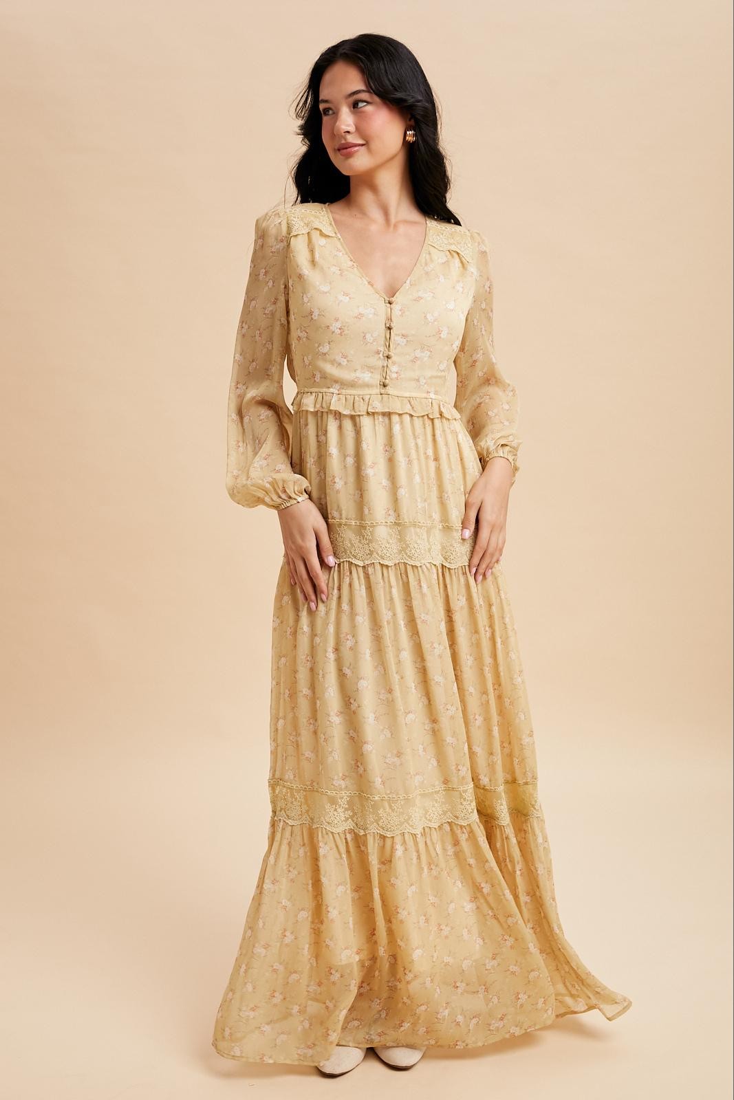 Lemon Water floral lace paneled maxi dress angled view
