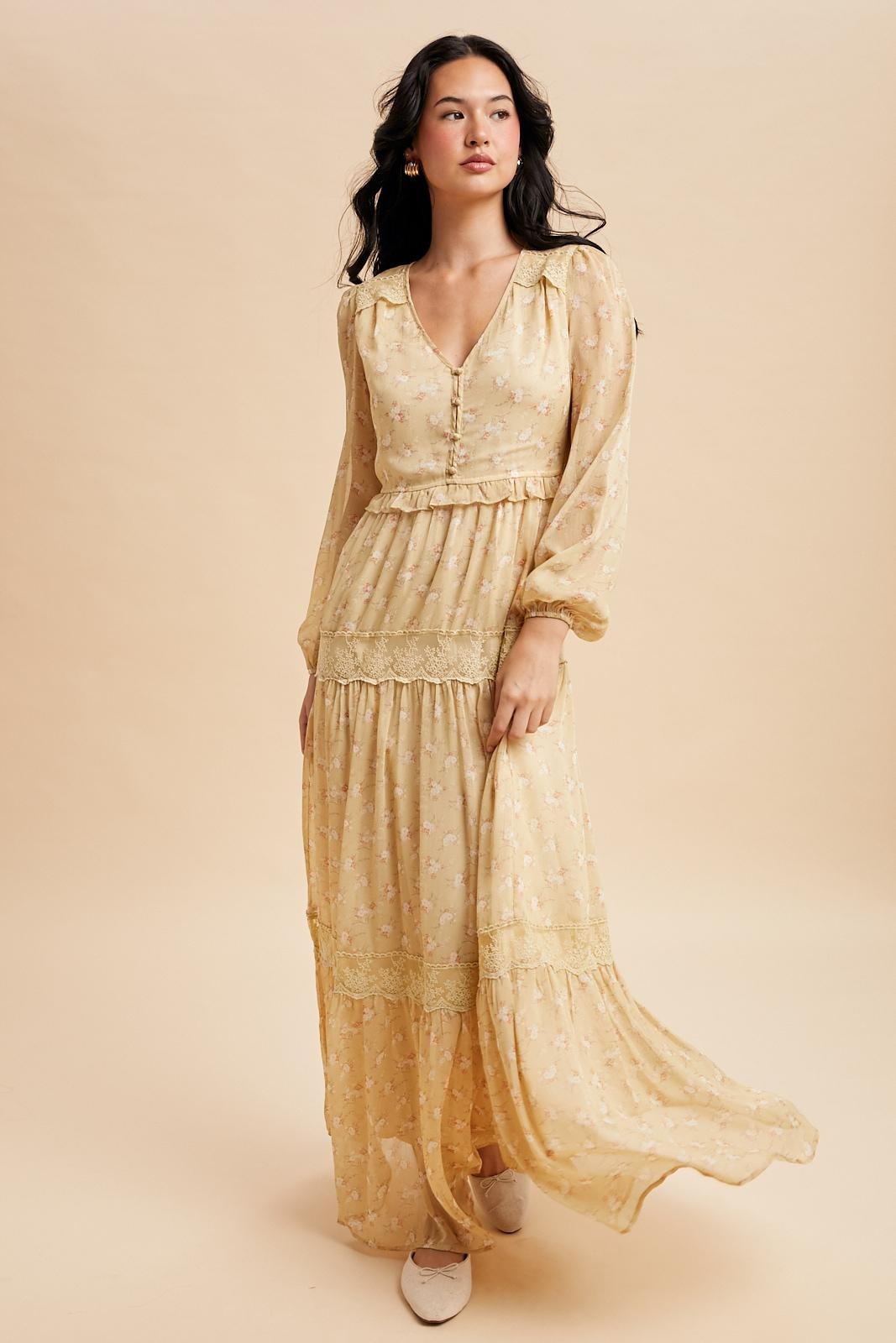 Lemon Water floral lace paneled maxi dress detail view