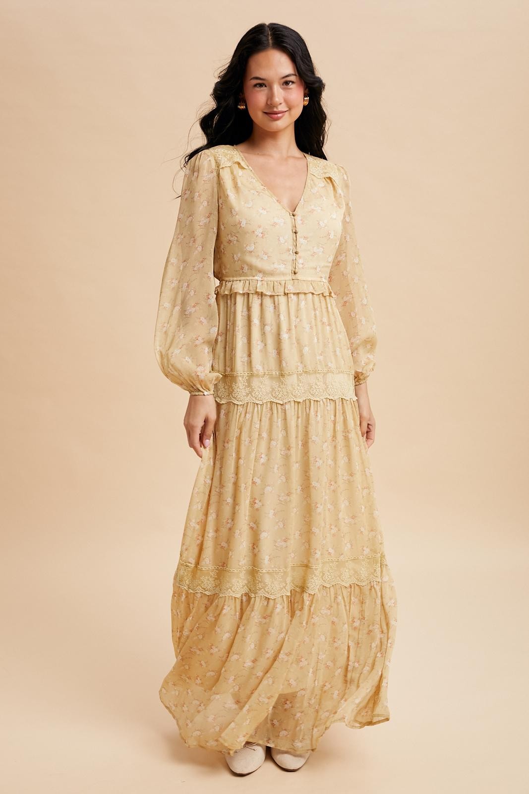 Lemon Water floral lace paneled maxi dress front view