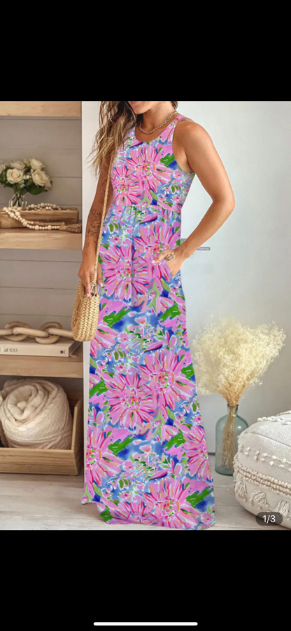 Summer floral Sleeveless maxi dress with pockets