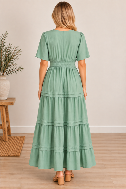 SHE + SKY ST1519 Sage Tiered Pintuck Maxi Dress