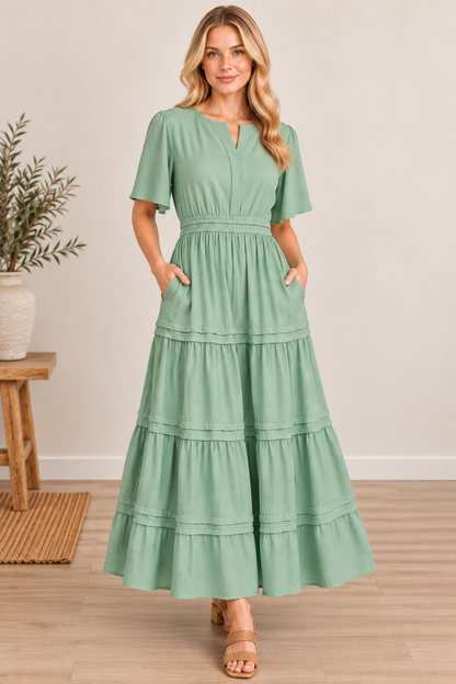 SHE + SKY ST1519 Sage Tiered Pintuck Maxi Dress