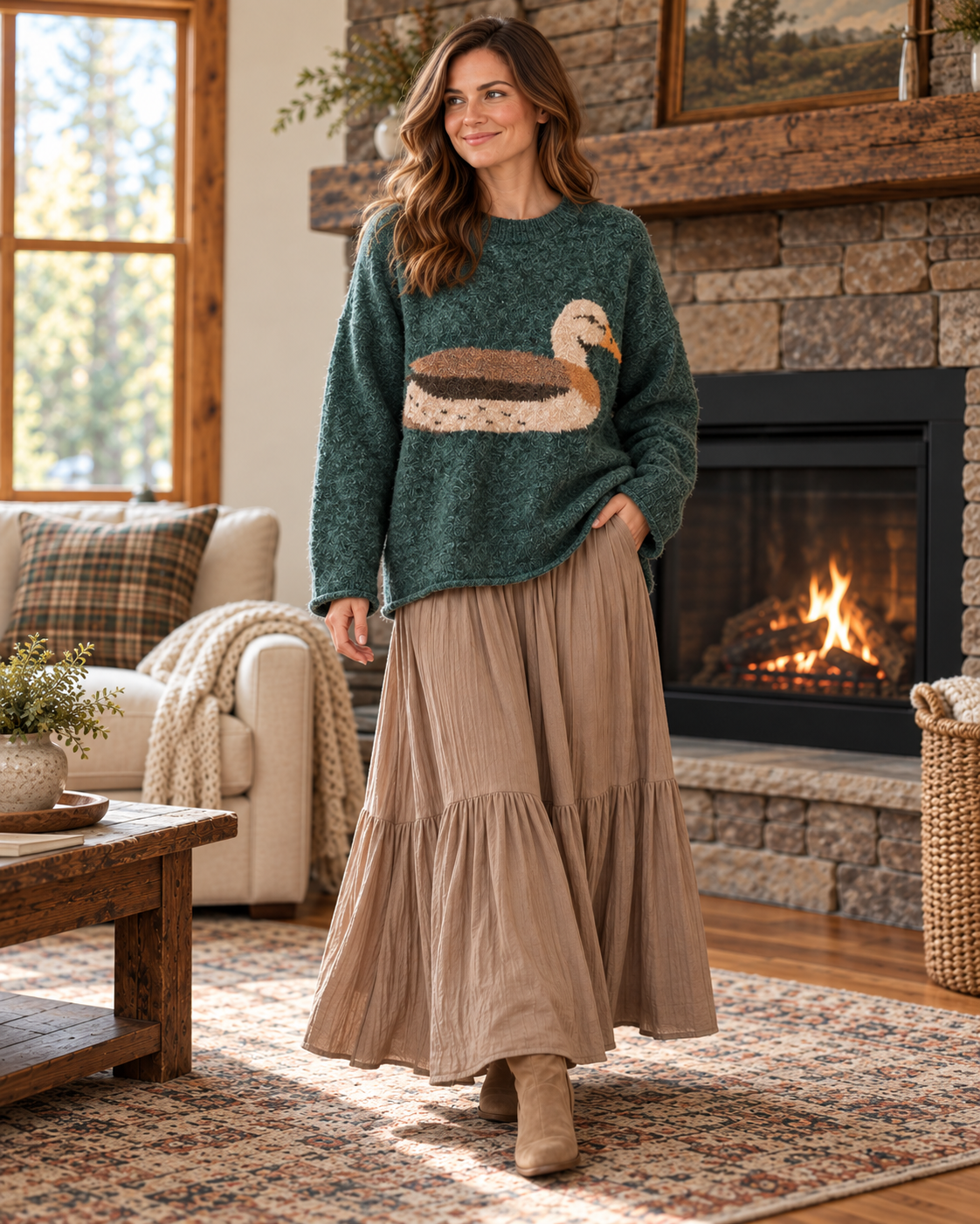 Mallard Susie Heathered Forest Green Duck Sweater lifestyle view 1