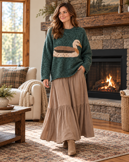 Mallard Susie Heathered Forest Green Duck Sweater lifestyle view 1