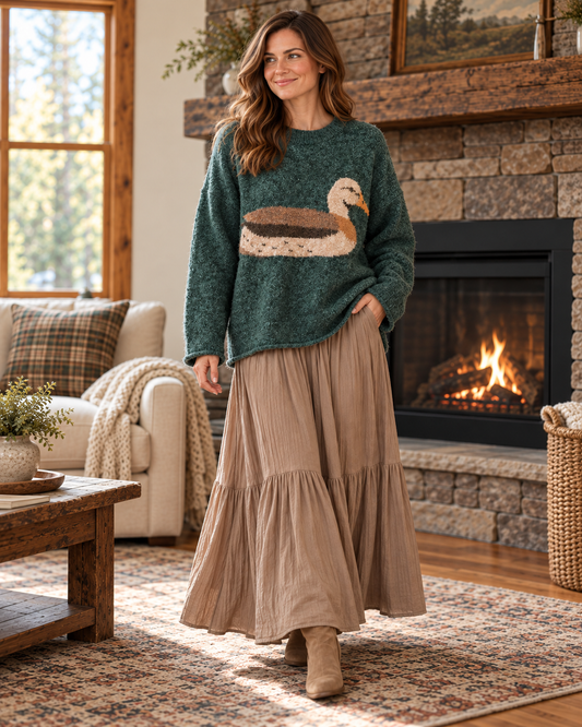 Mallard Susie Heathered Forest Green Duck Sweater lifestyle view 1