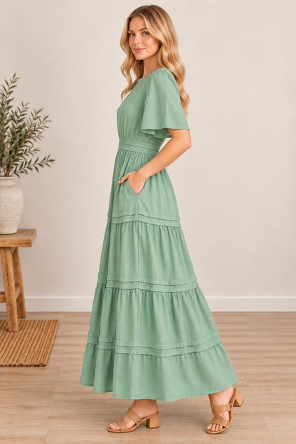 SHE + SKY ST1519 Sage Tiered Pintuck Maxi Dress