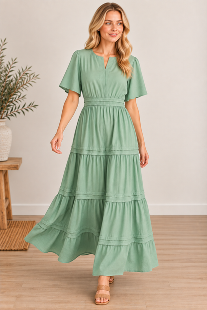 SHE + SKY ST1519 Sage Tiered Pintuck Maxi Dress