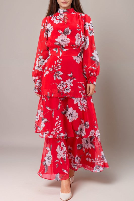 Anthropology-inspired long sleeve red maxi dress with floral print by Kate & Lily, featuring a flowing design and vibrant pattern.
