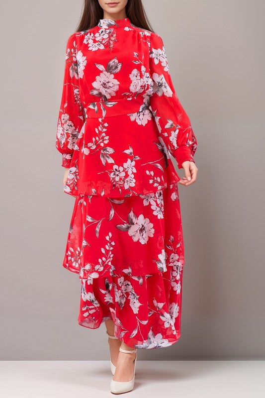 Anthropology-inspired long sleeve red maxi dress with floral print by Kate & Lily, flowing design and vibrant pattern.