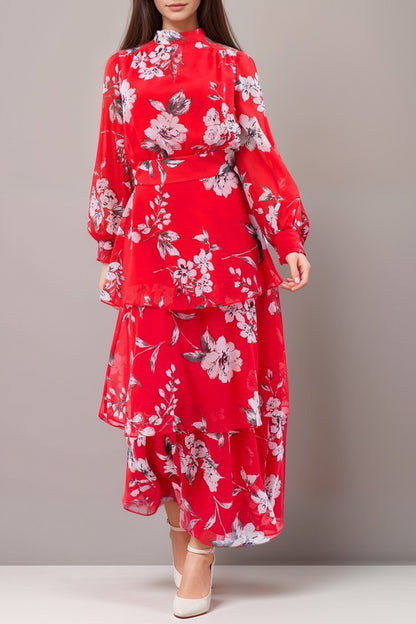 Anthropology-inspired long sleeve red maxi dress with floral print by Kate & Lily, flowing design and vibrant pattern.