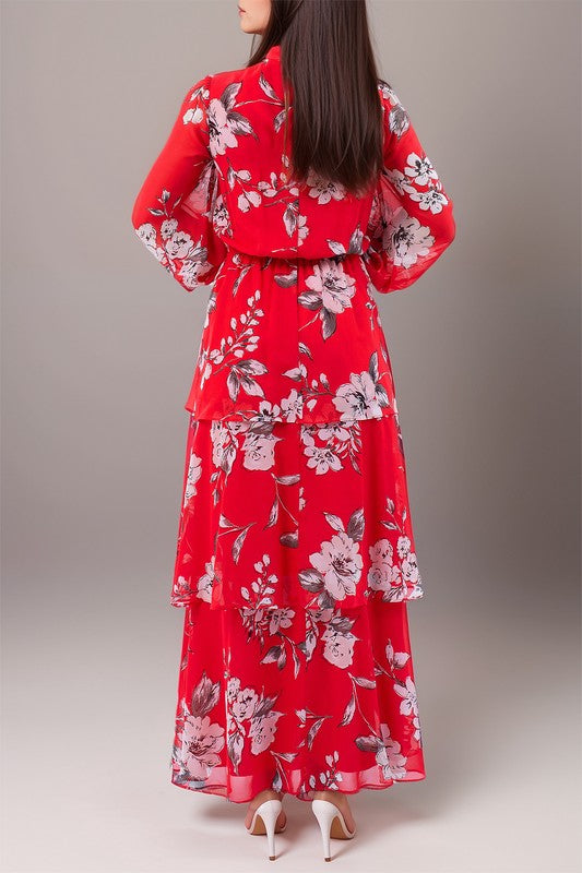 Anthology-inspired long sleeve red maxi dress with floral print by Kate & Lily, featuring a flowing silhouette and vibrant pattern.