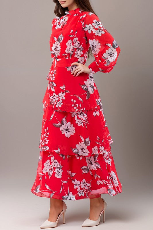Anthropology-inspired long sleeve red maxi dress with floral print by Kate & Lily, flowing fabric and elegant design.