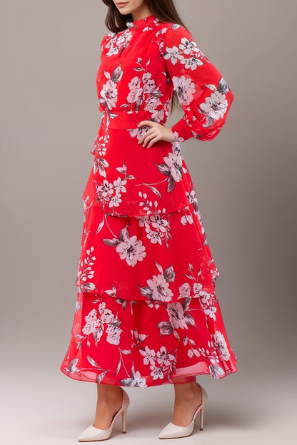 Anthropology-inspired long sleeve red maxi dress with floral print by Kate & Lily, flowing fabric and elegant design.