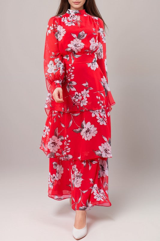 Anthropology-inspired long sleeve red maxi dress with floral print by Kate & Lily, flowing fabric and elegant design.