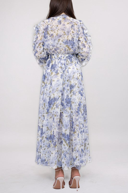 Ruffled split sleeve faux wrap maxi dress by Kate & Lily, featuring flowing fabric and elegant design perfect for summer.
