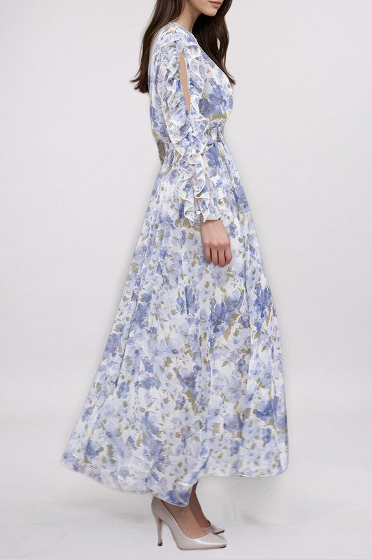 Ruffled split sleeve faux wrap maxi dress by Kate & Lily, featuring a flowy silhouette and elegant ruffle details.