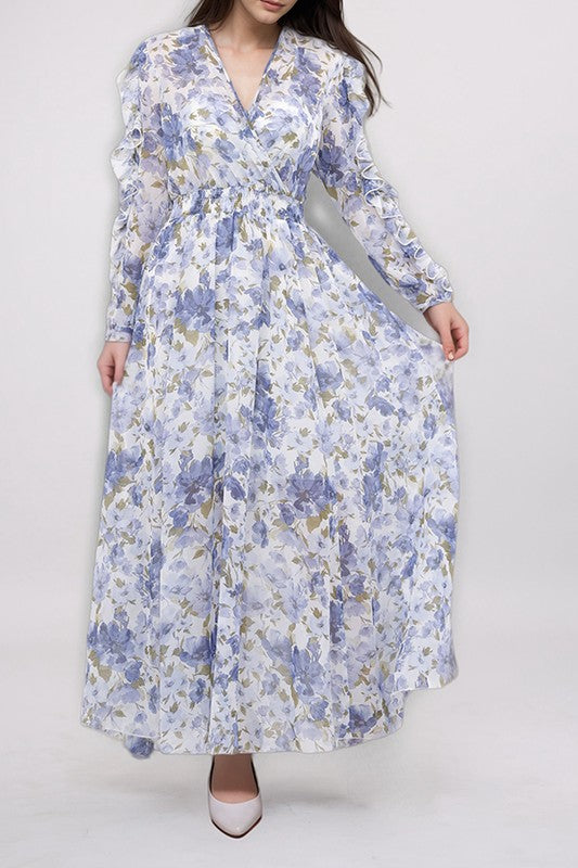 Kate & Lily ruffled split sleeve faux wrap maxi dress with flowing fabric and elegant design, perfect for summer occasions.