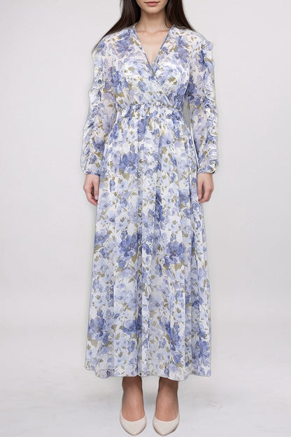 Kate & Lily ruffled split sleeve faux wrap maxi dress featuring a flowing silhouette and elegant design.