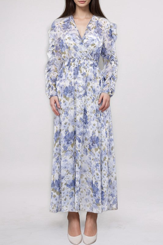 Ruffled split sleeve faux wrap maxi dress by Kate & Lily featuring elegant ruffles and a flattering fit, perfect for stylish occasions.