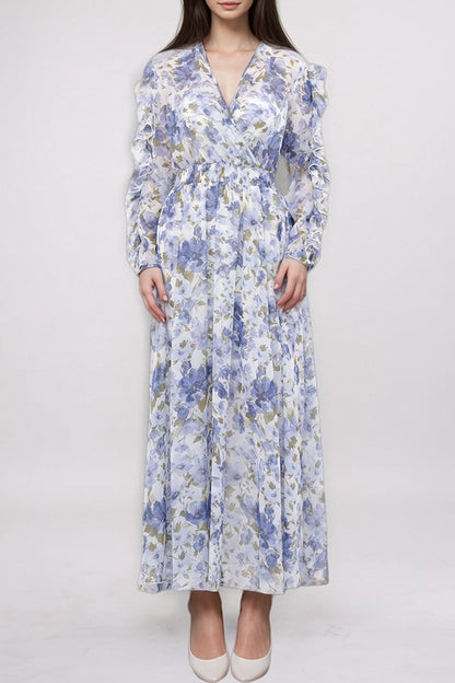 Ruffled split sleeve faux wrap maxi dress by Kate & Lily featuring elegant ruffles and a flattering fit, perfect for stylish occasions.