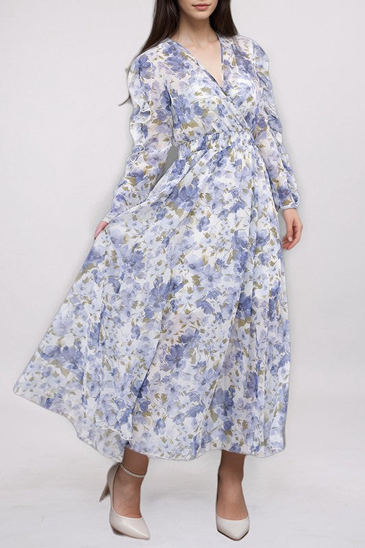 Kate & Lily ruffled split sleeve faux wrap maxi dress displayed on a model, featuring feminine ruffle details and elegant design.