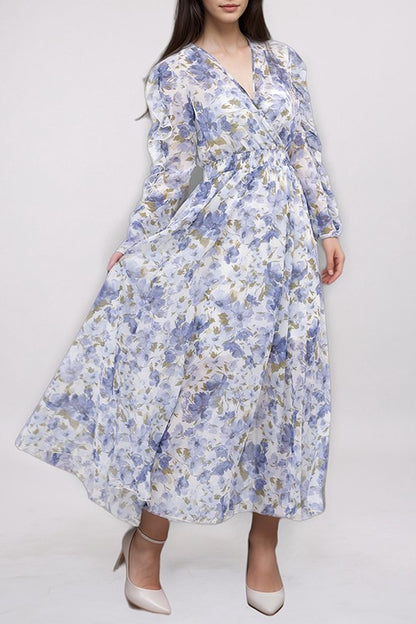 Kate & Lily ruffled split sleeve faux wrap maxi dress displayed on a model, featuring feminine ruffle details and elegant design.