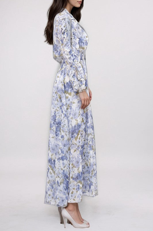 Kate & Lily ruffled split sleeve faux wrap maxi dress, flowing fabric with layered ruffles and elegant design, perfect for summer wear.