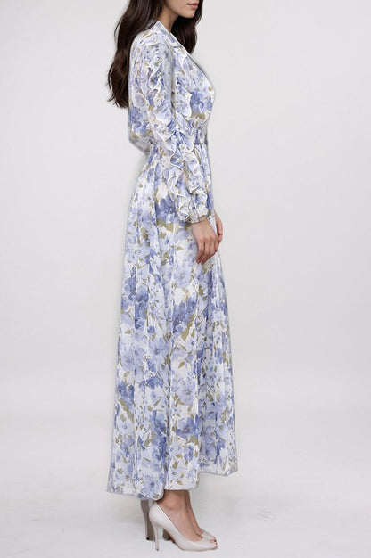 Kate & Lily ruffled split sleeve faux wrap maxi dress, flowing fabric with layered ruffles and elegant design, perfect for summer wear.