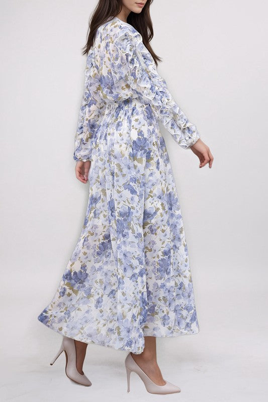 Kate & Lily ruffled split sleeve faux wrap maxi dress, elegant floral dress with flowing fabric and stylish design.