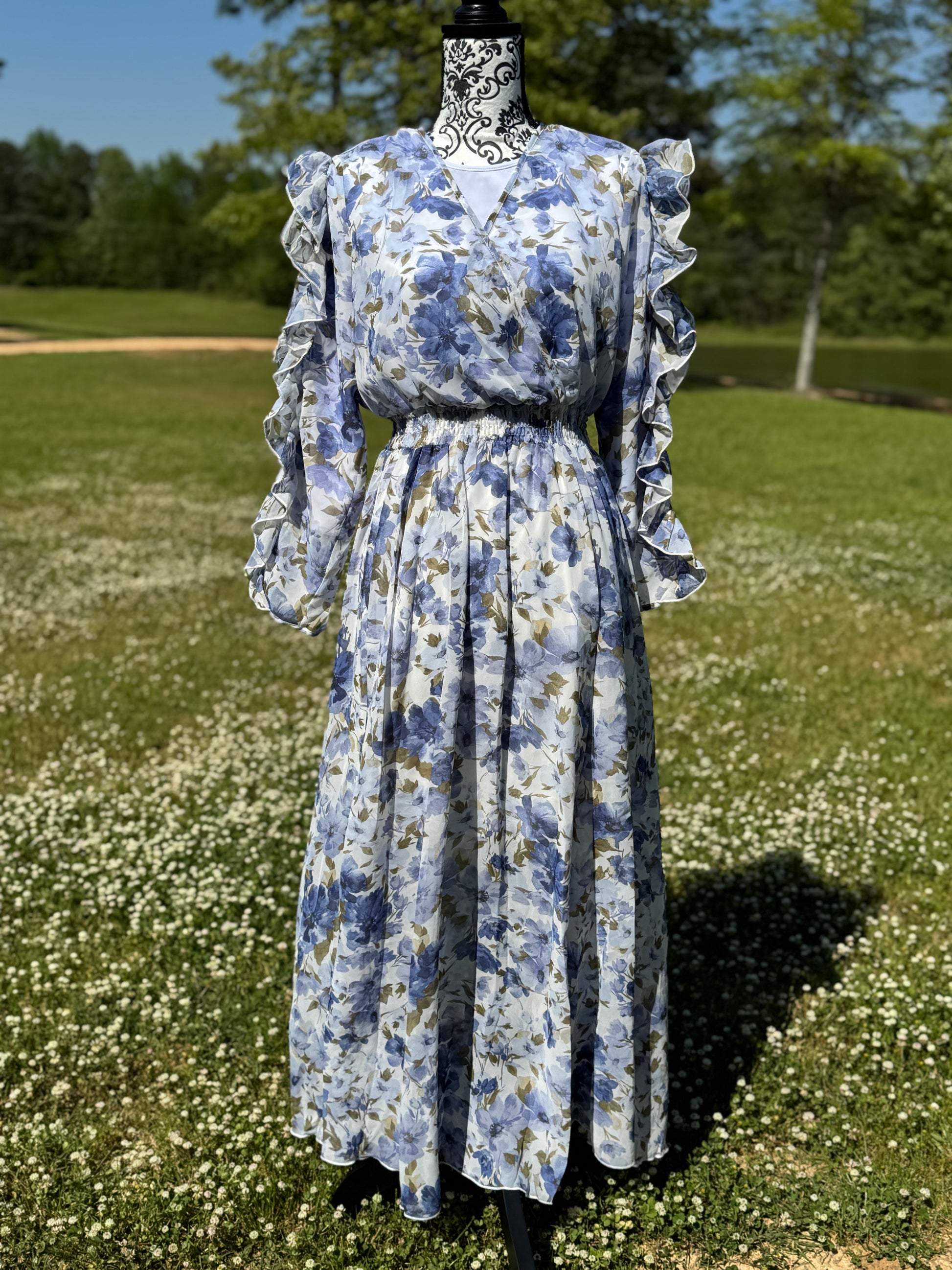 Kate & Lily ruffled split sleeve faux wrap maxi dress, elegant dress with flowing fabric and layered ruffle details.