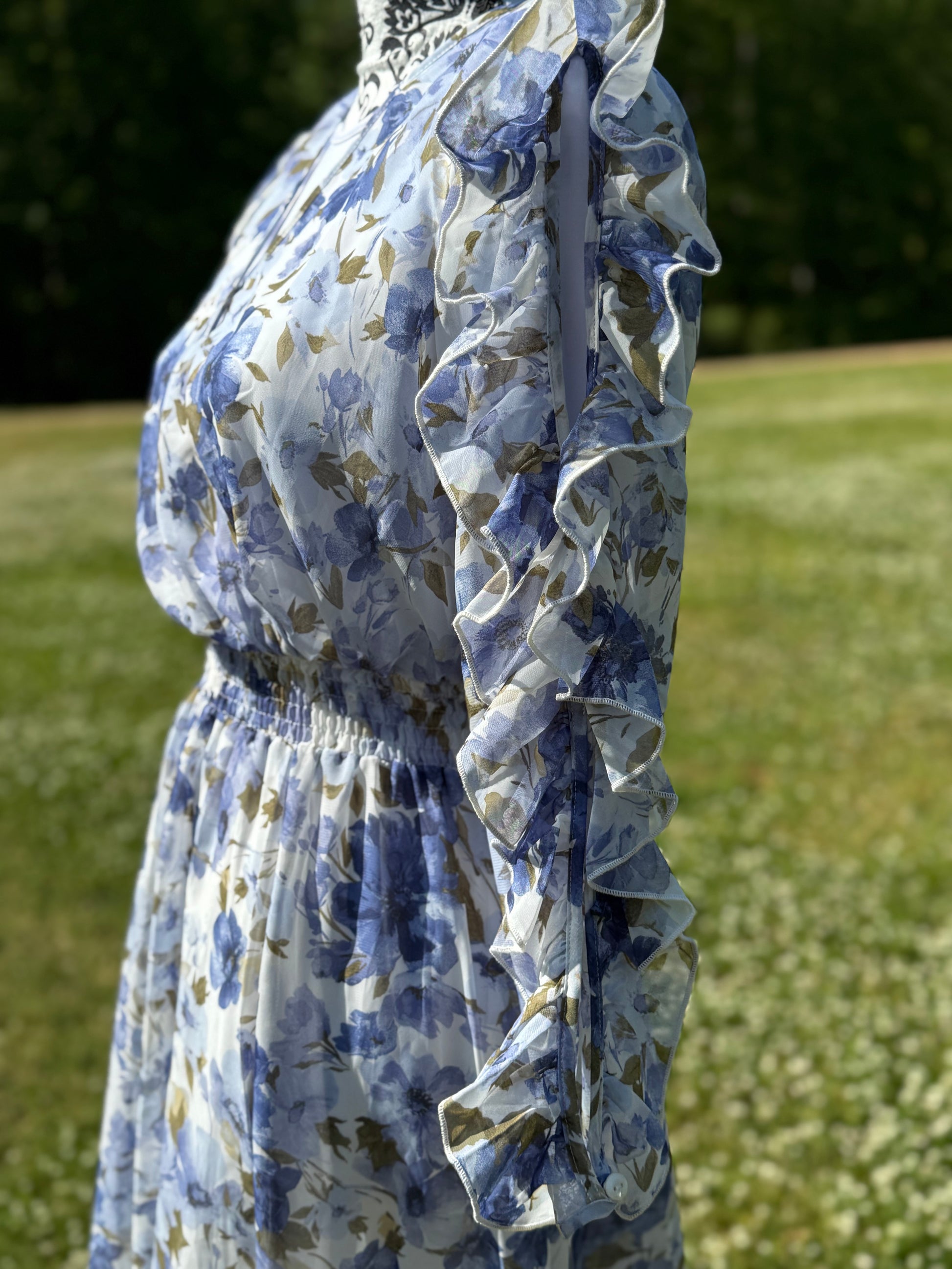 Ruffled split sleeve faux wrap maxi dress by Kate & Lily, featuring flowy fabric and elegant design, perfect for summer occasions.