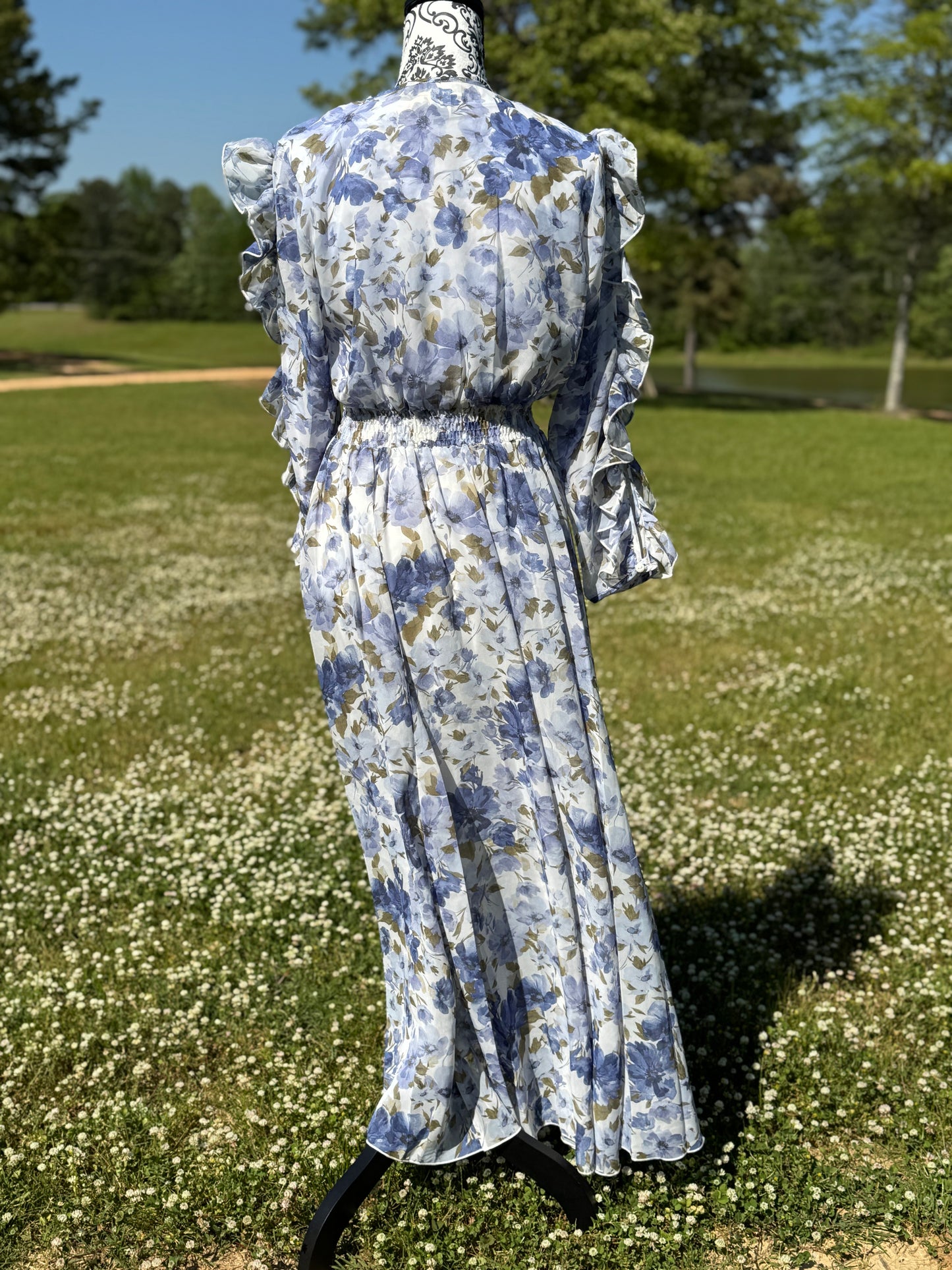 Ruffled split sleeve faux wrap maxi dress by Kate & Lily, flowing fabric with elegant ruffle details and a flattering silhouette.