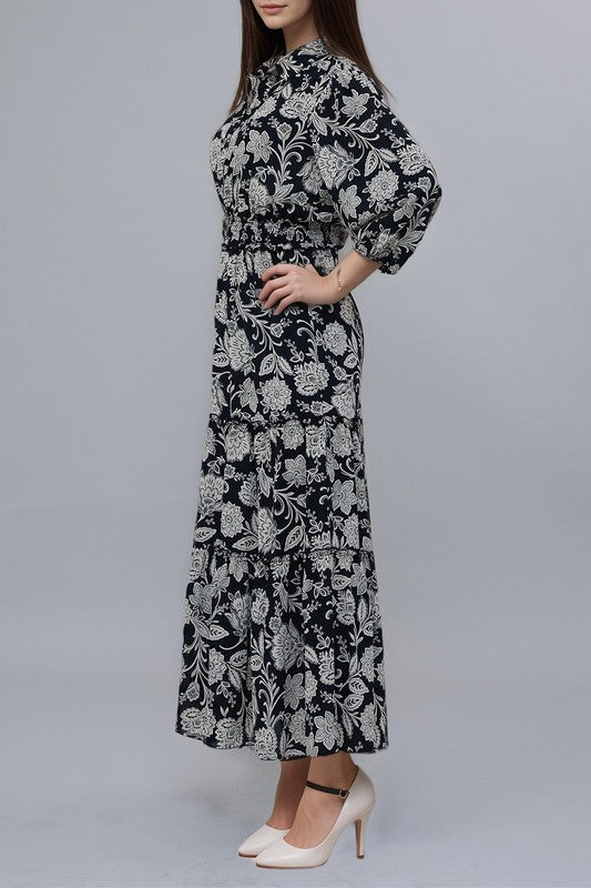Midnight navy damask print maxi dress by Kate and Lily, flowing fabric with elegant pattern and sleeveless design.