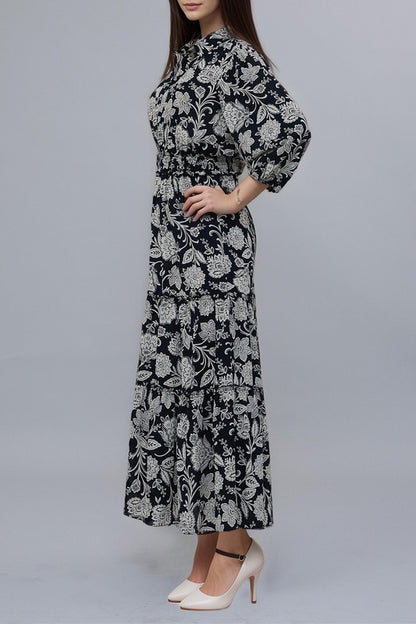 Midnight navy damask print maxi dress by Kate and Lily, flowing fabric with elegant pattern and sleeveless design.