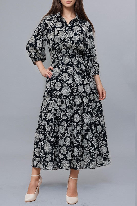 Kate and Lily midnight navy damask print maxi dress featuring elegant floral pattern and flowing fabric.