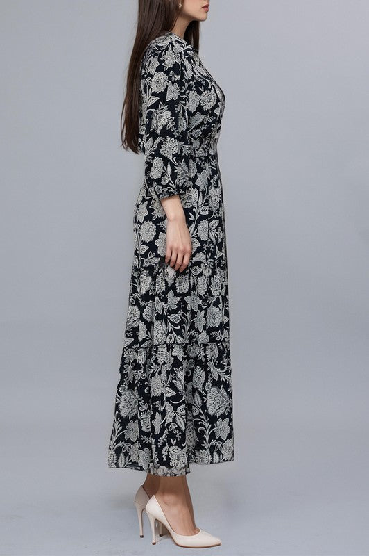 Midnight navy damask print maxi dress by Kate and Lily, flowing dress with elegant pattern and sleeveless design.