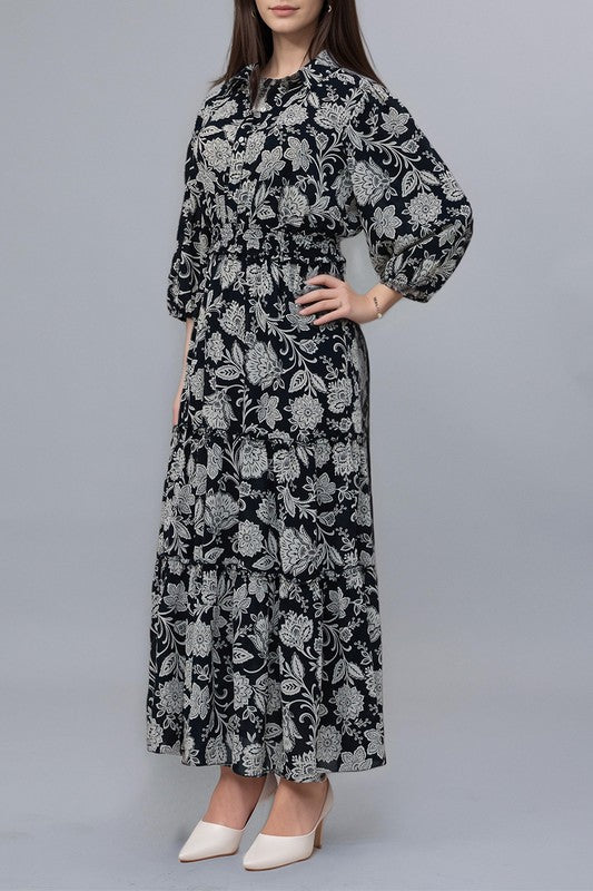 Midnight navy damask print maxi dress by Kate and Lily, featuring elegant floral pattern and flowing fabric.